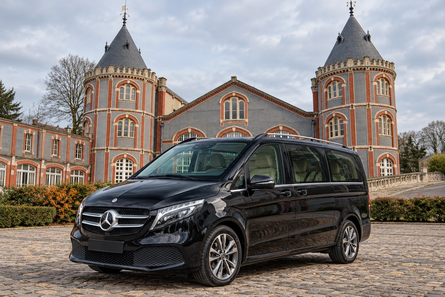 Photomontage of a black Mercedes-Benz V-Class in front of the Pommery building in Reims